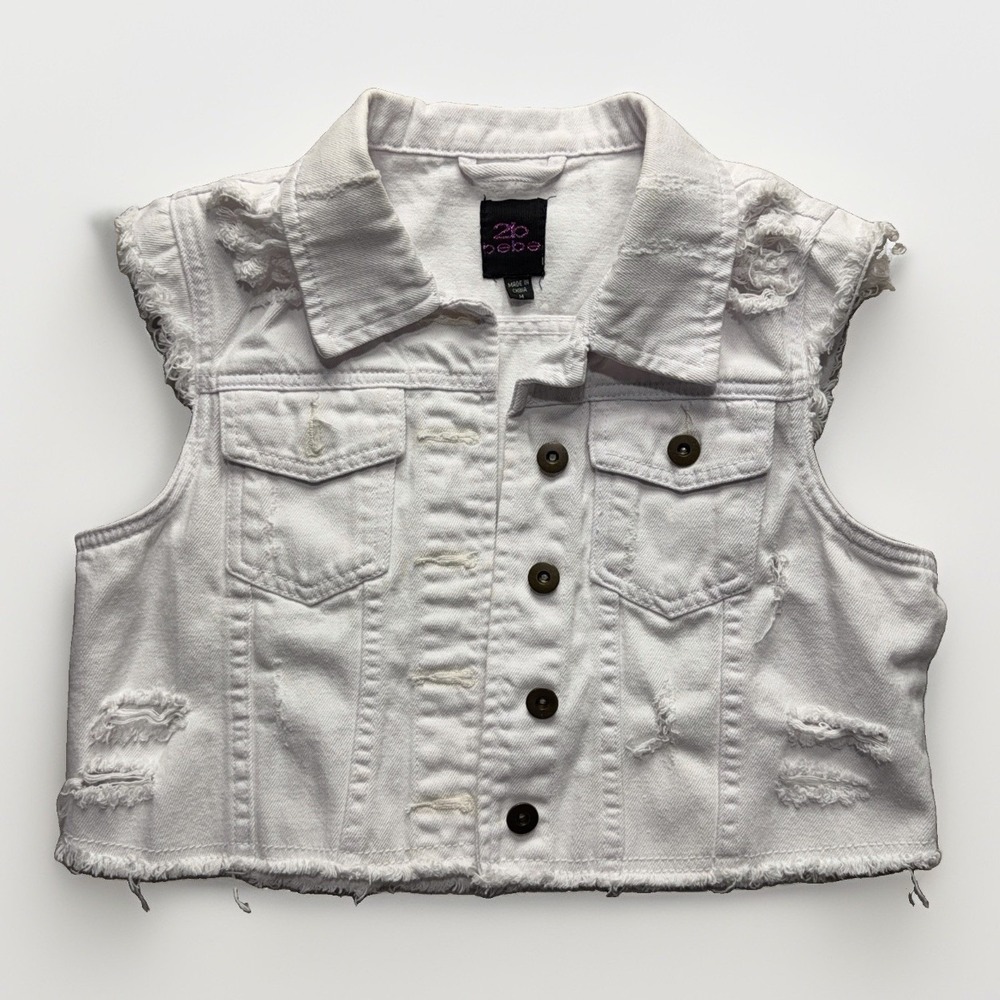 2b bebe Vest Women's M White Denim Button Up Biker Western Cowgirl Pockets Retro